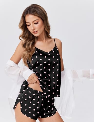Image of Ekouaer Silk Pajamas for Women Satin Cami V Neck Camisole Shorts Pjs Set | Adjustable Strap Sleepwear Lingerie Sets for Women for Wedding, Party, Home, Daily Wear, Honeymoon