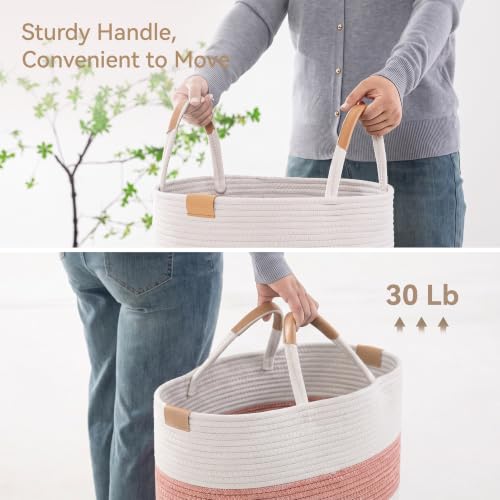 Image of 95L Laundry Hamper with Leather Handles,Laundry Basket,Coral Pink&White