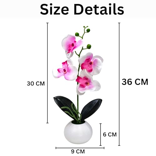 Image of CURATED CART Flower Pot with Artificial Flowers - Orchid Pink & White Flower with White Vase | Ideal for Home Decor | Office Decor | Gifting | Size 36 x 9cm