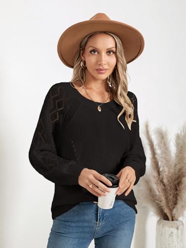 Image of Libsorge Womens Cute Crochet Knit Hollow Out Sweater Fall 2024 Lightweight Ribbed Crewneck Long Sleeve Pullover Top