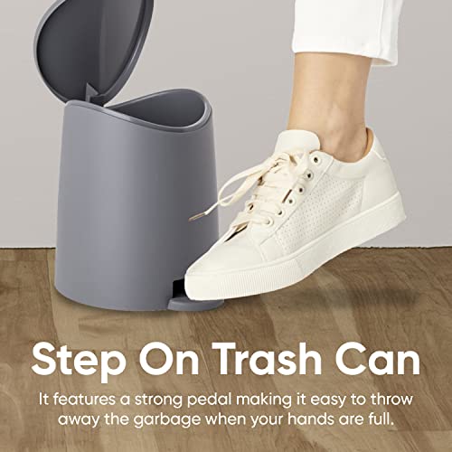 Image of Superio Mini Plastic Bathroom Trash Can with Lid 3 Liter Grey Modern Curved Step On Trash Can with Foot Pedal, Mini Kitchen Waste Bin, Durable and Soft Close for Bedroom, Office, Under Desk