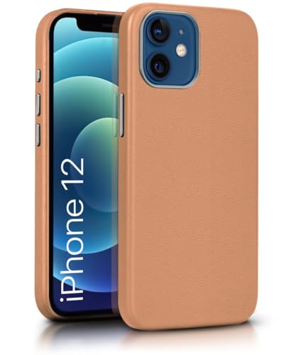 Image of WOW IMAGINE Back Cover for iPhone 12 | Shockproof Tough Leather Texture Hard Mobile Case | Ultra Slim Non-Slip Grip | Inner Velvet Fabric | Metal Camera Ring - Tan Brown