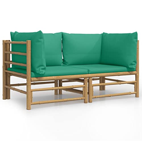 Balcon Lounge Salon de jardin Patio Furniture Canapé d'angle de jardin avec coussins verts 2 pièces. Bambou – Image 4