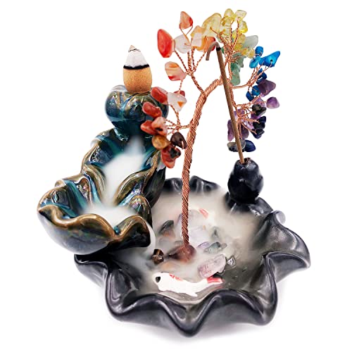 Incense Waterfall Burner With Healing Crystals Tree, Ceramic Lotus Fishes Backflow Incense Holder Set, With 30 Backflow Incense Cones, 50 Incense Sticks, Pad, Tweezers #TOP5