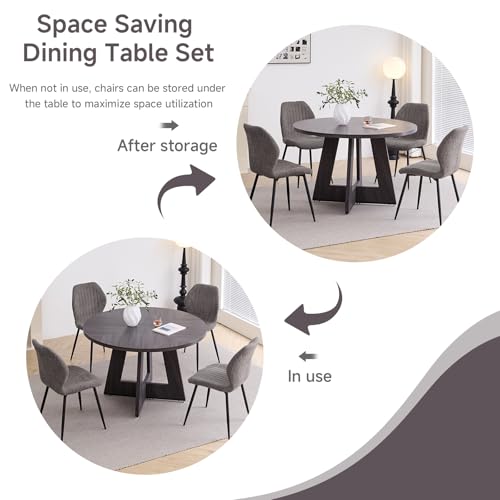 Image of 47 inch Round Dining Table Set for 4, Kitchen Table and Chairs | Wooden Cross Base, Boucle Fabric Chair, for Apartment
