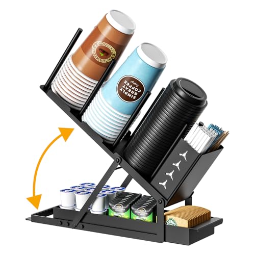 ZDDLOINP Cup and Lid Holder with Straw Organizer Coffee Station Organizer, Metal Cup Dispenser 5 Compartment Coffee Cup Holder for Coffee Bar Accessories, Disposable Paper Cups, Plastic Cups, Lids