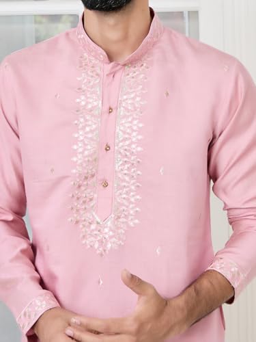 Image of See Designs Men's Full Sleeve Mandarin Collar Sequins Embroidered Chanderi Straight Long Kurta with Yoke Design - Festive Collection