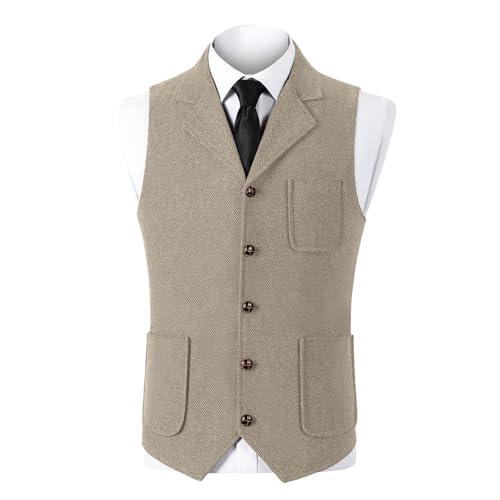 Mens Suit Vest Waistcoat Tweed Retro V Neck Herringbone Tweed Suit Vest Wool Blend Casual Prom Waistcoat
