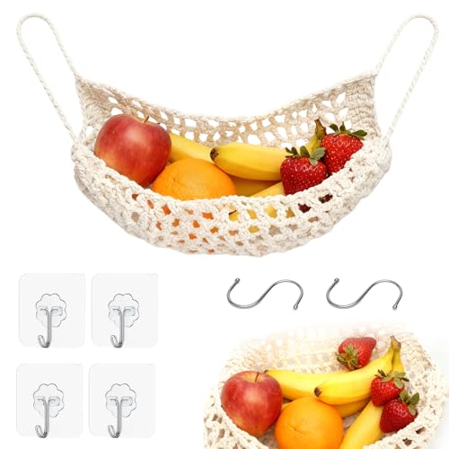 TNSLAND 1 Stück Obstkorb Hängend Obst Gemüse Hängematte Makramee Hängen Obstnetz zum Aufhängen Hängender Obstkorb Obst Hängematte mit 4 Haken und 2 Aufbewahrungshaken für Küche Zuhause Wohnmobile