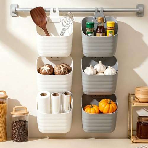 Noamus 6 Pack Plastic Hanging Basket for Kitchen, Over Cabinet Door Organizer with Removable Hook, Stackable Wall Mounted Storage Shower Caddy, No Drilling Shelf Bins for Food Bathroom Pantry Closet