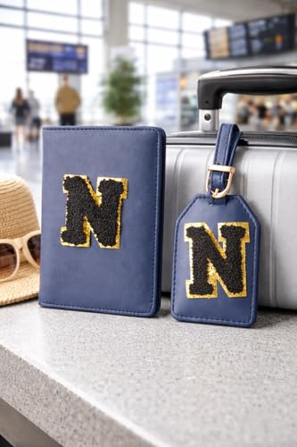 Image of PPOSH.Forever Passport Cover & Bag Tag Combo | Personalized Initial Alphabet Custom A-Z Name Initial | Fits Standard Passports | Travel GiftIdeal Travel Gift for Women, Girls & Couples (Navy Blue)