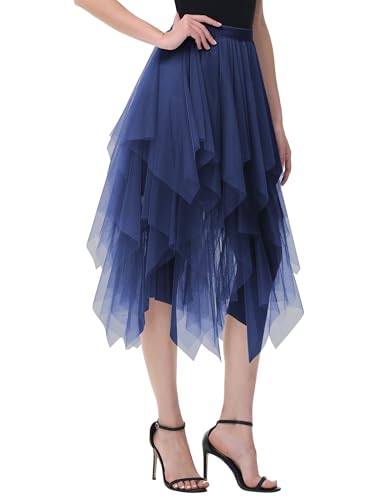 Damen Tüll Röcke High Low Layered Faltenrock Midi Rock Asymmetrisch Karnevalsrock Elegant Weich Knielang Puffy Fee Röcke