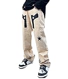 ORANDESIGNE Herren Hip Hop Jeans Baggy Straight Leg Gewaschen Jeanshose Casual Denim Hosen Vintage Bedruckte Jeans Teenager Jungen Skateboard Hose Streetwear ZL Khaki XL