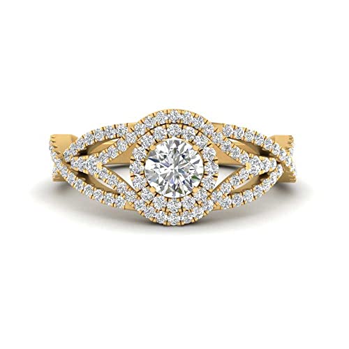 Image of Choose Your Gemstone Round Twisted Pave Double Halo Diamond CZ Ring Yellow Gold Plated Round Shape Double Halo Engagement Ring for Women, and Ladies US Size 4 to 12