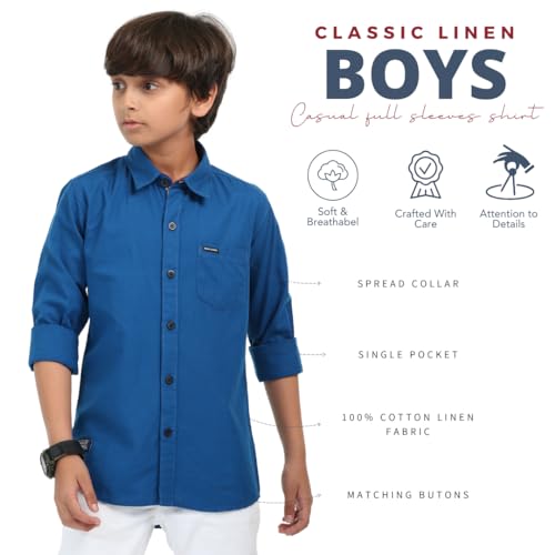 Image of ROCKET SCIENCE Boys Single Pocket Shirt | Regular Fit, Spread Collar, Full Sleeves, 100% Cotton Linen Fabric Royal Blue
