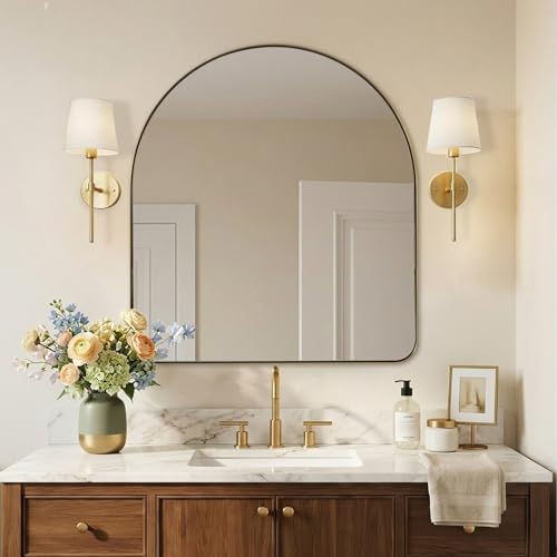 Image of ANDY STAR Arched Mirror, 36 x 40 Inch Brushed Gold Wall Mirror in Stainless Steel Metal Frame, Arch Top Rounded Corner 1 Inch Deep Set Design Wall Mount Hangs Vertical