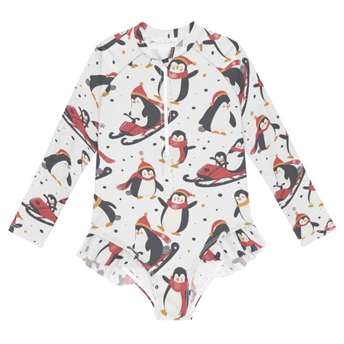 Penguins Animal Ski Girls Long Sleeve Swimsuit Rash Guard One Piece Bathing Suits Zipper 3-12T