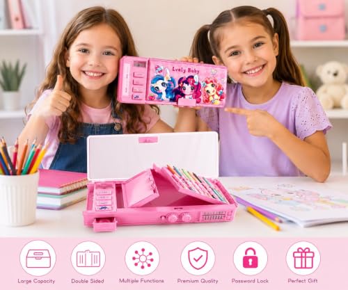 Image of Multifunction Pencil Box for Kids, Cute Pink Cartoon Unicorn Pencil Case with Sharpener, Pop-Up Compartments, Pencil Slots, Class Schedule & Name Label, School Stationery Organizer for Girls