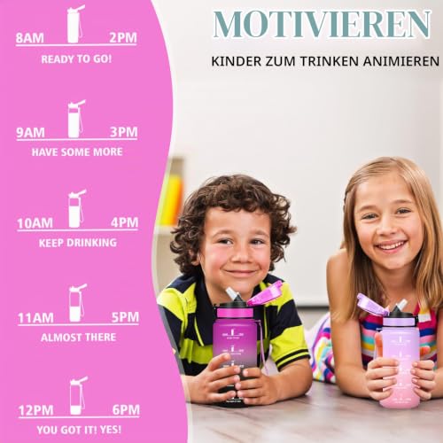Trinkflasche Kinder, Trinkflasche 500ml, Wasserflasche mit Strohhalm, Auslaufsicher, Kann mit dir Tragen, Wasserflasche mit Zeitmarkierung… – Ansicht 6