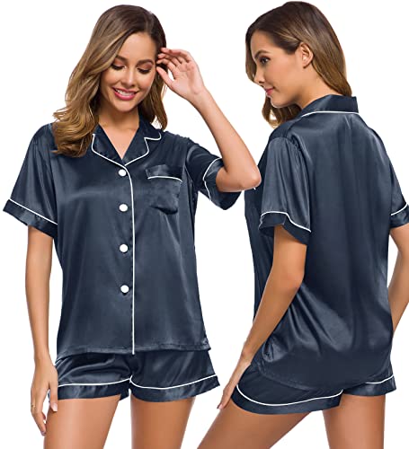 Image of SWOMOG Womens Silk Satin Pajamas Short Sleeve Sleepwear Button Down Loungewear Two-Piece Pj Set Deep Grey