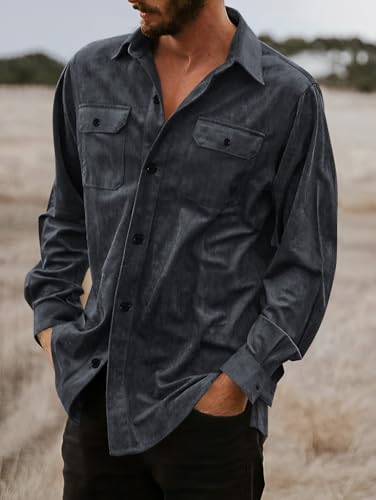 Image of ZAFUL Men's Faux Suede Button Down Shirts Jacket Lightweight Shirt Jacket Long Sleeve Work Coat Solid Color Overshirt
