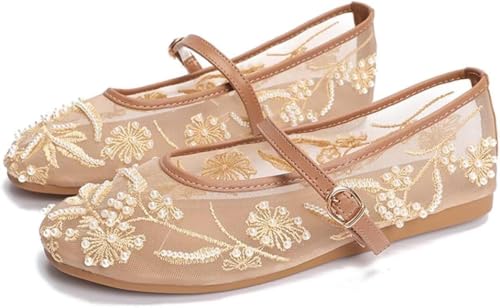 Mesh Ballet Flats for Women Embroidered Floral Mary Jane Flats, Buckle Strap Ballet Causal Summer Dress Shoes, Round Toe Comfortable Daily Dress Shoe