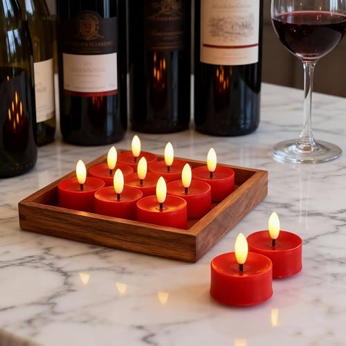 Image of CANDLE CHOICE Battery Operated Flameless Tea Lights Realistic Black Wick Bright Flickering LED Tealight Candles Wedding Table Centerpieces Halloween Christmas Decorations Batteries Incl. 12 Pack Red