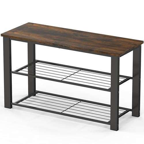 Image of Simple Houseware Wood Top Shoe Storage Bench for Entryway, Rustic Brown