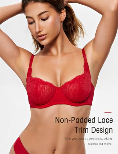 Image of Wingslove Women's Sexy Lace Bra Mesh Balconette See Through Bralette Half Cup Sheer Bras Unlined Underwire Suppport