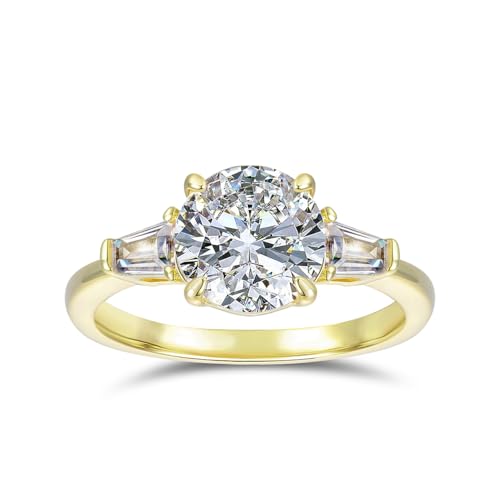 14K Gold Three Stones Engagement Rings Center Stone 2.0 CT Round Brilliant Cut Moissanite Rings for Women