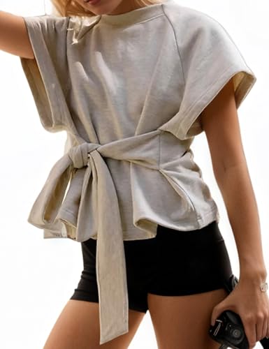 Womens Summer Short Sleeves Tee Shirts Workout Top Crewneck Tie Front Tops 2025 Sweatshirt Fashion Clothes