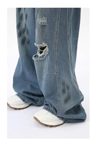 Men's Jeans Loose Printing Worn-Out Holes Wide Leg Straight Denim Pants2