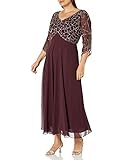 J Kara Women's Plus Size 3/4 Sleeve Geo Beaded Gown, Wine/Mercury, 20W