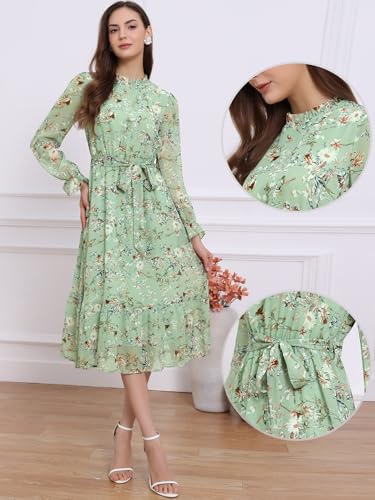 Image of Allegra K Fall Casual Floral Dress for Women 2025 Long Sleeve Crew Neck Chiffon Midi Tea Party Ruffle Dresses