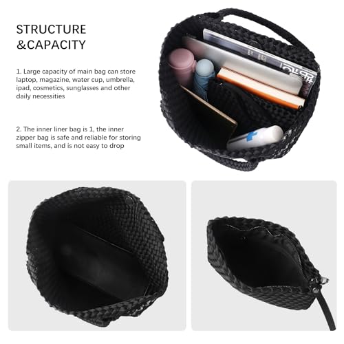 Image of Woven Bag for Women, Large Neoprene Tote Bag Summer Beach Handbag Purse Retro Handmade Travel Shoulder Bag Set
