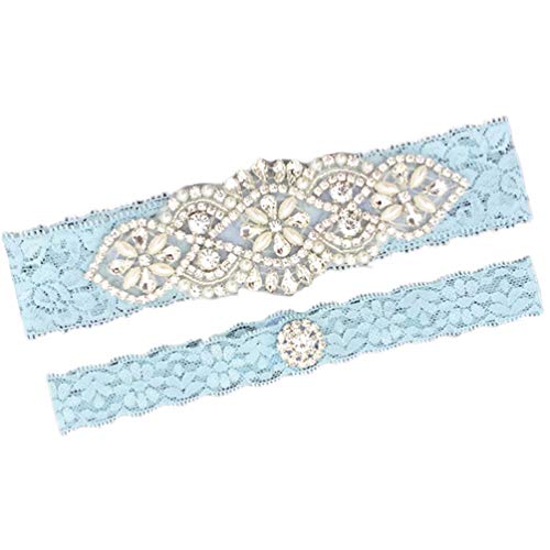 Belyee Bridal Wedding Accessory Blue Garter with Lace Rhinestones Leg Garter Set