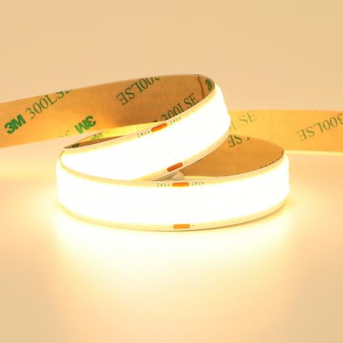 Image of GOMING 24V 15mm Width COB LED Strip Warm White 3000K 16.4ft(5M) 120W | 960LEDs /M 13750lm CRI 93+ Big Luminous Surface IP20 Not Waterproof LED Tape Lights for Home Decor(Power Supply not Included)