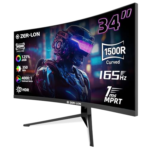 34 inch Curved Gaming Monitor, 21:9 WQHD 3440×1440 165Hz Ultrawide Computer Monitors, 1500R 1ms(MPRT), 125% sRGB, 350nits, FreeSync, HDMI2.0 x2, DP1.4 x2, Wall Mountable/Tilt Adjustable Black