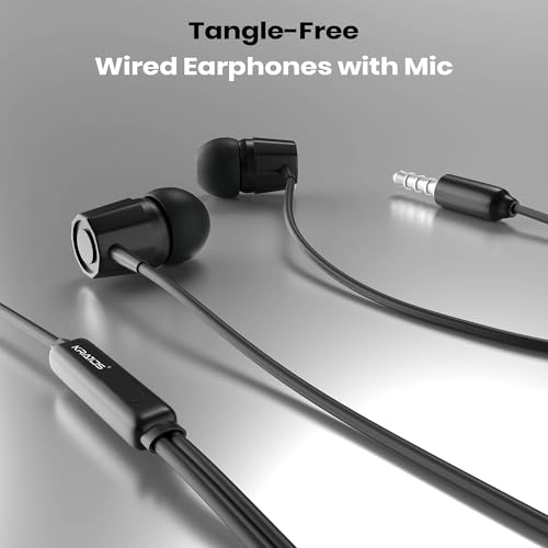 Image of Kratos E02 Black Wired Earphones with 3.5mm Jack in-line Mic Control for Clear Calling & Music, Multi-Functional Controller,Sweat Resistant,Comfort Fit Wired Ear Phones,Compatibility with All Mobiles
