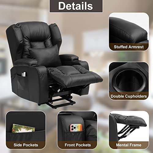 Obbolly Power Lift Recliner Chair For Elderly, Wingback Massage Chair Recliner With Heat, Leather Lazy Sofa Sleeper Chair With Cup Holders, Usb, Side Pockets For Living Room (Black) #TOP5