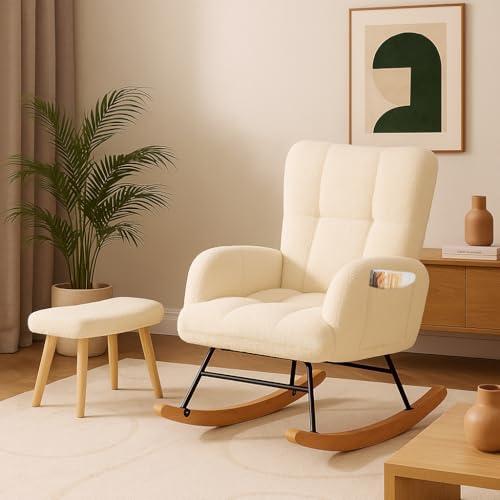 Image of COMHOMA Nursery Rocking Chair with Ottoman, Teddy Glider Rocking Chair, Accent Chair with High Backrest Reading Chair for Adult, Nursery, Bedroom, Living Room, Offices (Beige with Ottoman)