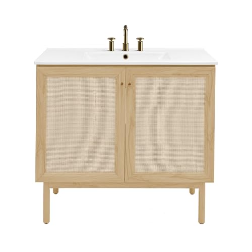 Image of Swiss Madison Classe 36 inch Freestanding Bathroom Vanity in Natural Oak with 3-Hole Widespread Sink Top