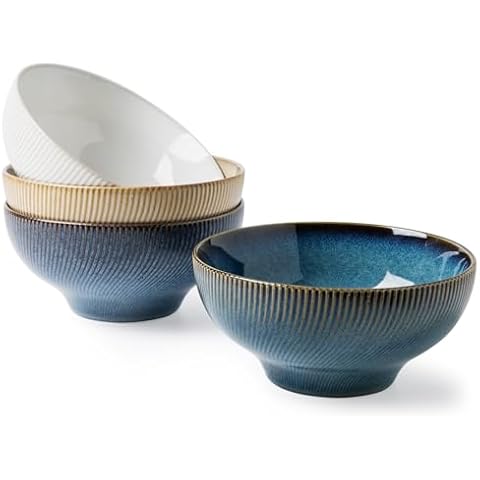 MONITO Embossed Ceramic Bowl Set, 28 oz Deep Soup Bowl, Kitchen Essential, 6.6 inch Ramen Bowls, Suitable for Salads, Pasta, Oatmeal, Ramen, Microwave and Dishwasher Safe, Set of 4 Cover