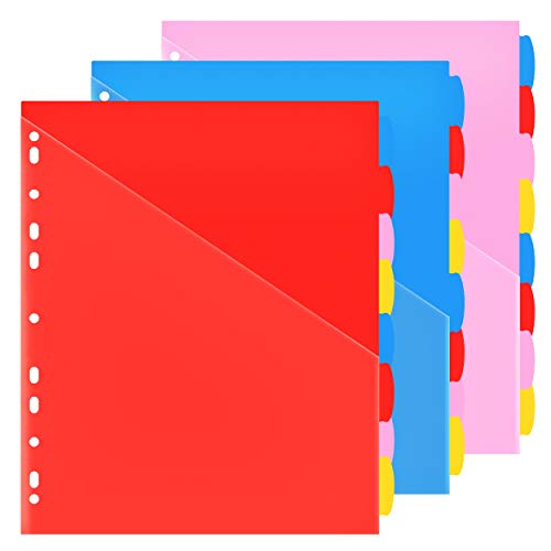 MAKHISTORY Plastic 8-Tab Dividers with Front Pockets - 3Sets, Insertable Binder Dividers for 3-Ring Binder, Multi-Color Pocket Dividers, Total 24 Tabs