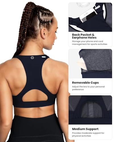 Image of QUEENIEKE BareFlow Women's Sports Bras with Phone Pocket Medium Impact Padded Racerback Workout Gym Crop Top Running Yoga Bra