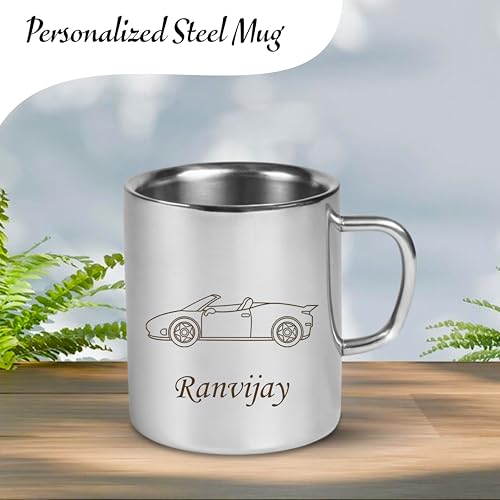 Image of SAVRI Personalized Stainless Steel Mug for Kids with Customized Name Engraved & Cartoon Design | 220 ml Double Wall Insulated Mug for School, Milk, Juice & Water (Car)