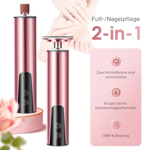 2 in 1 Elektrischer Hornhautentferner, Wiederaufladbare Elektrisches Fuß-Hornhautentferner-Set mit Austauschbaren Fußfeilen, 6 Geschwindigkeiten für rissige Fersen,Hornhaut,abgestorbener (Gold)
