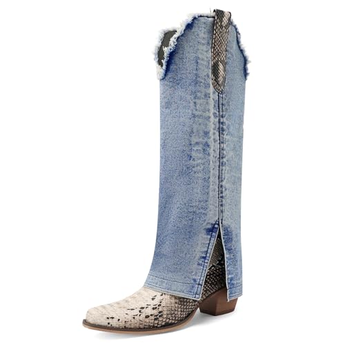 Betastella Womens Denim Knee High Cowboy Boots Snakeskin Cowgirl Boots Fold Over Chunky Heel Pointed Toe Western Boot, Size 7.5, Blue