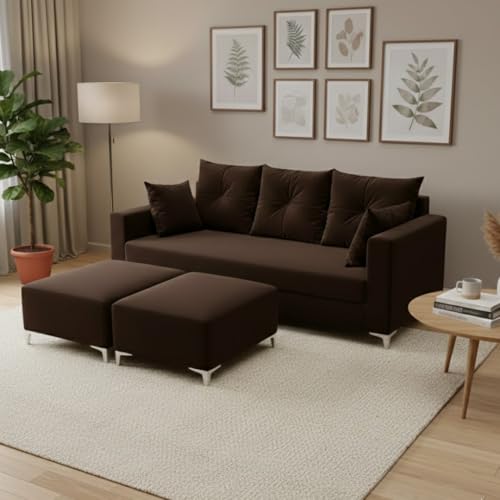 Image of Zora 5 Seater L Shape Sofa Set with 2 Movable Ottomans | Flexible Layout | Rich Velvet Suede Fabric | Silver Legs | Spacious Seating | Modern Sofa for Living Room (Dark Brown)
