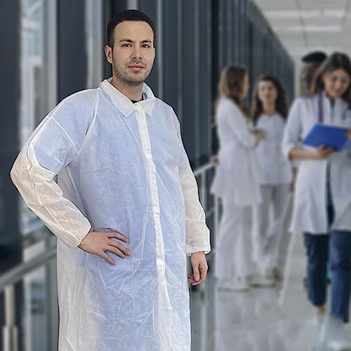 Image of AMZ Medical Supply White Disposable Lab Coat, Medium. 120 Pack 35 GSM Polypropylene Fabric Protective Coat. Knee-Length Disposable Lab Coats for Adults with Elastic Wrist, Loop Fasteners, No Pockets